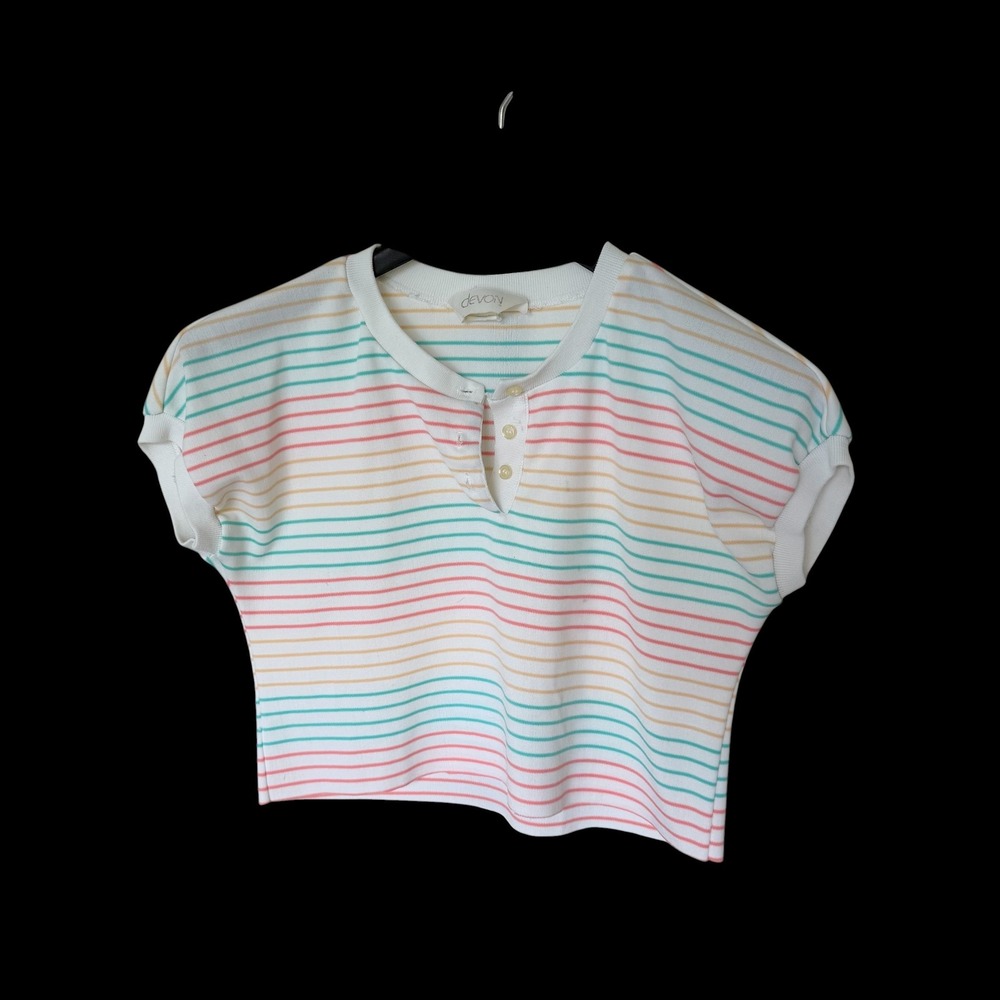 80's Devon Striped Boho Henley Top Womens Small Pink Orange Teal Made in USA